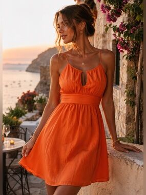 Esley Orange Silk Blend Keyhole A-Line Mini Dress